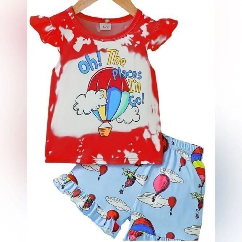 NWT Toddler Girls Red Blue Shorts & Short Sleeve Tee Dress Seuss” - Size 3/4T